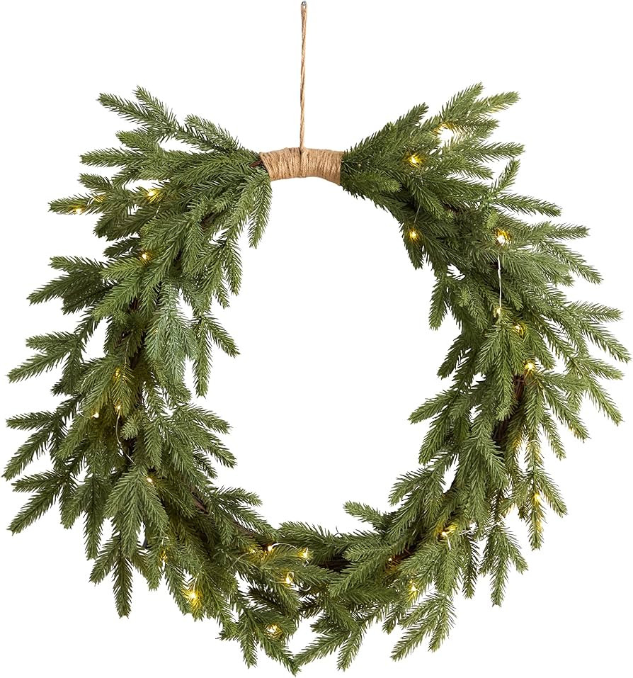 Nearly Natural 24in. Holiday Christmas Pre-Lit Cascading Pine Artificial Wreath | Amazon (US)