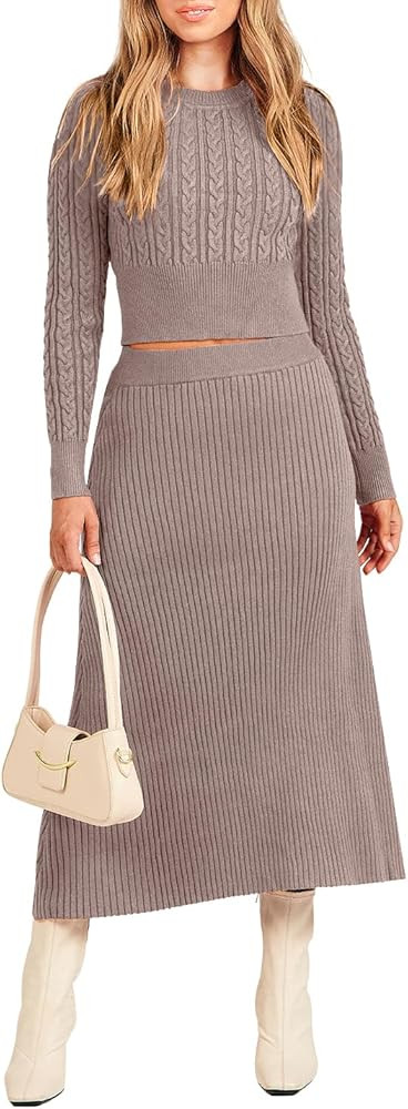 ANRABESS Women's Casual Two Piece Outfits Dress Long Sleeve Cable Sweater Top and Ribbed A-Line M... | Amazon (US)