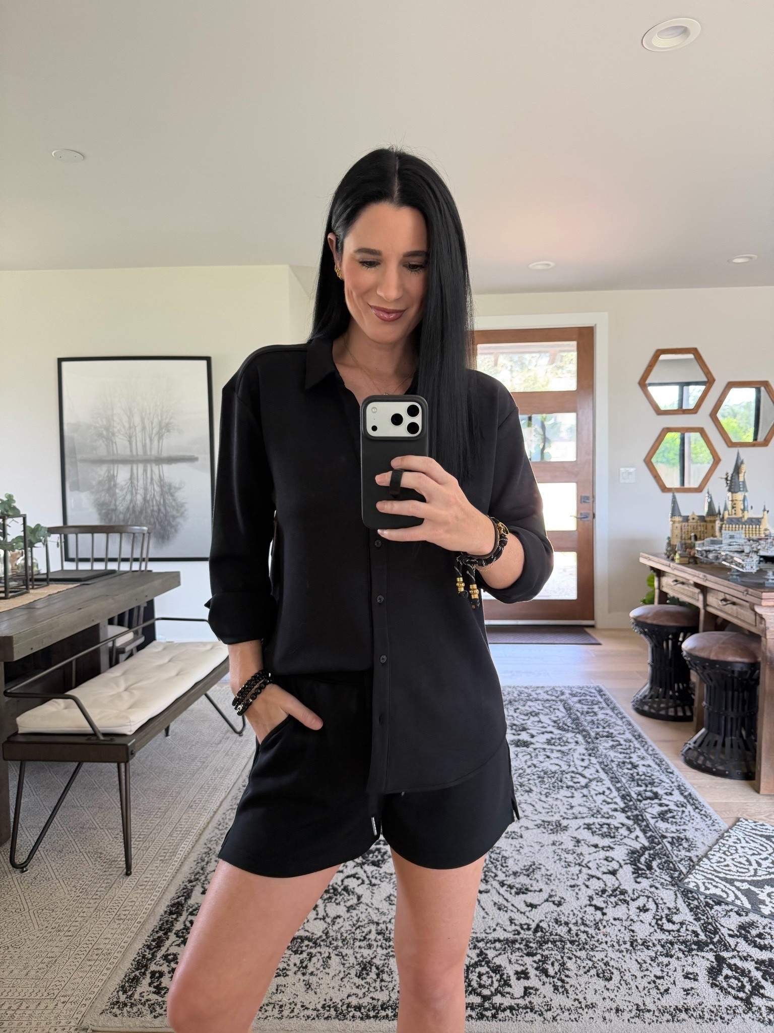 This SPANX AirEssentials button down shirt is a must have for any season! I’m in the size small. Use code dtkxspanx for 15% off and free shipping! 

I also linked the AirEssentials shorts but the black is sold out. If you want another color I’m in the small for reference.