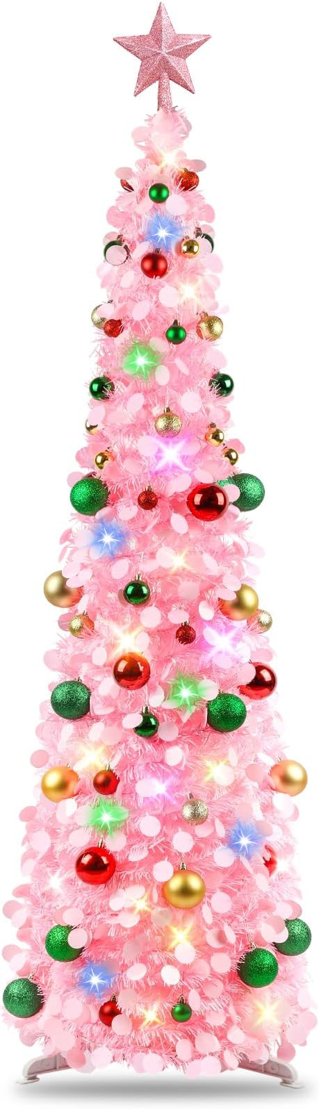 N&T NIETING Pop Up Christmas Tree with Lights & 30 Balls, 5Ft Collapsible Pink Tinsel Tree Decora... | Amazon (US)