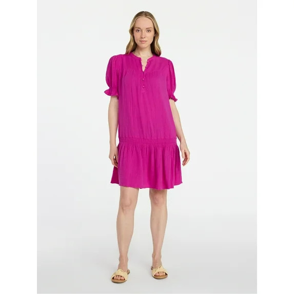 Time and Tru Women's Cotton Double Cloth Mini Dress with Drop Waist, Sizes XS-XXXL | Walmart (US)
