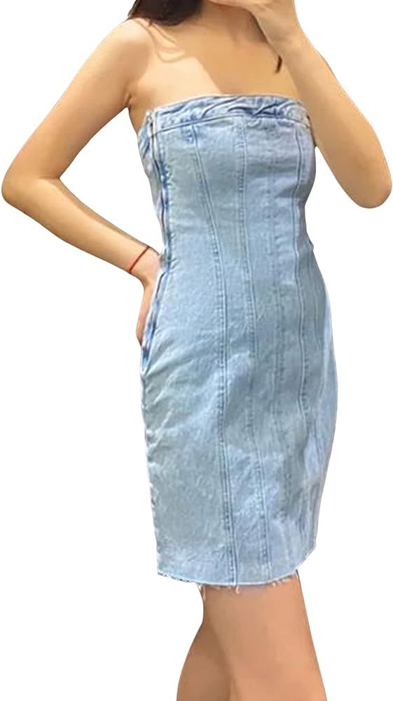 Ynhonra Women's Sexy Y2k Denim Mini Dress Tube Bodycon Club Party Jean Strapless Clothing | Amazon (US)