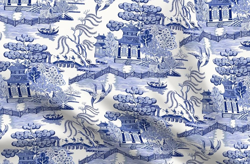 Spoonflower Fabric - Pagoda Chinoiserie Blue Toile Chinese Botanical Garden Willow Printed on Pet... | Amazon (US)