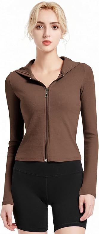 Abonlen Ribbed Hoodies for Women Lightweight Full Zip Up Jackets Long Sleeves Tops Fitted Cropped... | Amazon (US)