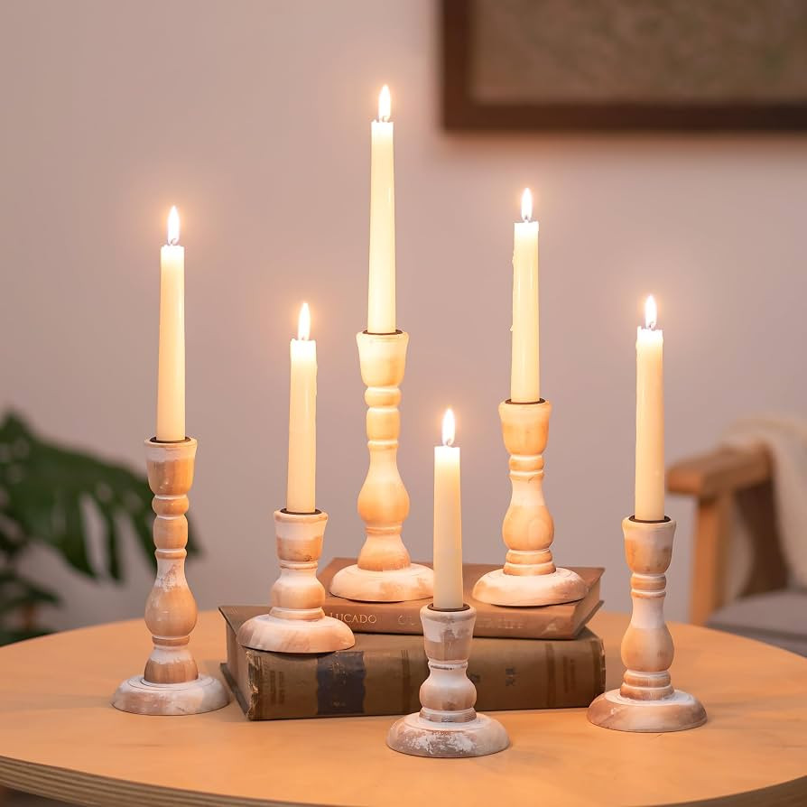 NUPTIO Wooden Taper Candle Holders, Set of 6 White Candlesticks | Amazon (US)
