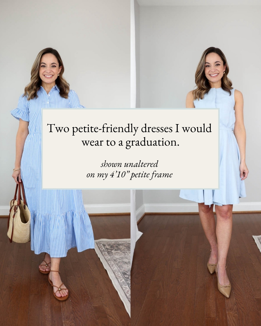 Two petite-friendly dresses I would wear to a graduation! 

Short Dress (Ann Taylor): Petite 00/XXS Dress is true to size. Fully lined

Midi Dress (J.Crew Factory): Petite XXS 
Dress is true to size. Unlined, but not sheer. 

Shoes are true to size. 

My sizing for reference: I'm 4'10" and weigh 105lbs. My measurements are 32", 24", 36". I have a 25" ankle inseam and typically wear petite xxs/00/24. 

 #LTKPetite