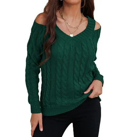Women V Neck Knit Sweater Off Shoulder Long Sleeves Loose Fitting Pure Color Casual Sweater OD Green L | Walmart (US)