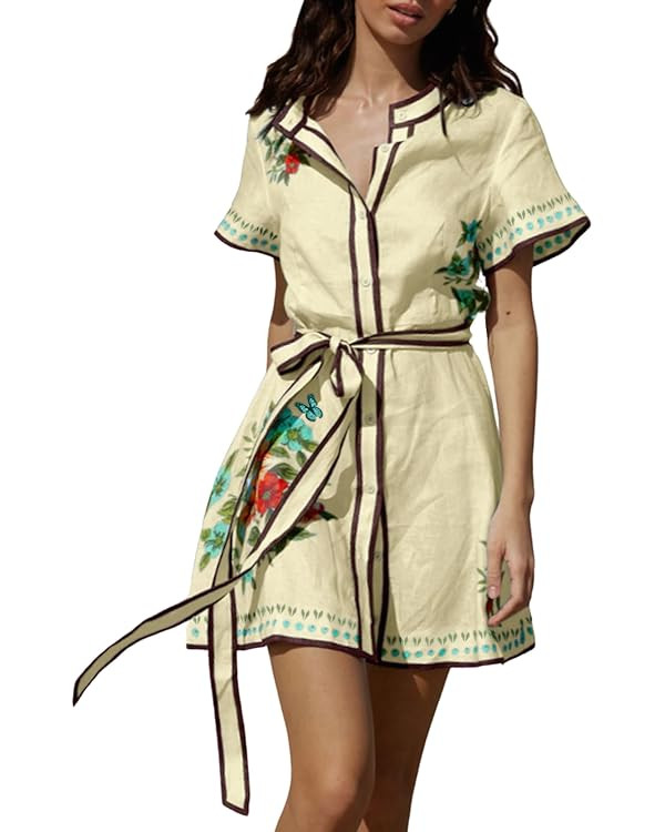 CHARTOU Women's Floral Linen Button Down Wrap Tie Knot Boho Beach Shirt Dress with Belt | Amazon (US)