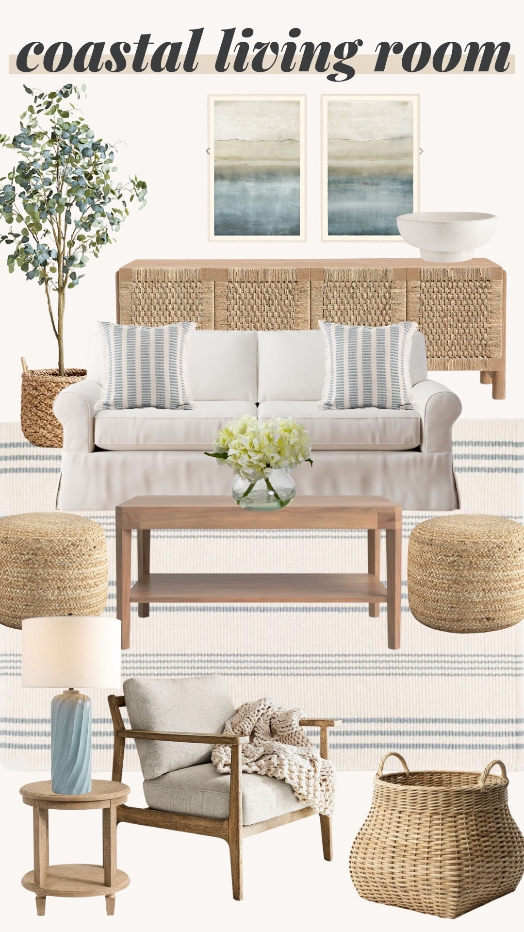 Coastal living room ideas! 

Sideboard, pour, wall art, decorative accents, faux tree, coffee table, throw pillows, accent chair 

#LTKSeasonal #LTKU #LTKHome