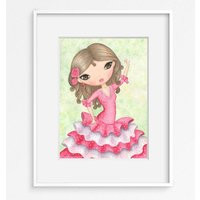Flamenco Dancer Art Print. Spanish Girl Whimsical Painting. Spain Flamenco Doll Watercolor Art. Pink Dress Illustration. Lover Gift | Etsy (US)
