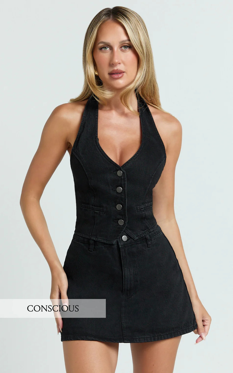 Walton Vest - Halter Neck Button Down Crop Recycled Denim Vest in Clean Black Wash Panel | Showpo USA | Showpo (US, UK & Europe)