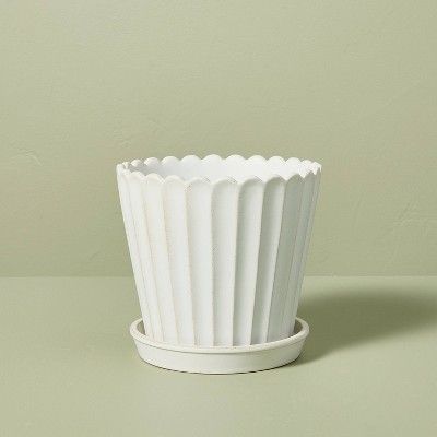 Scallop-Fluted Stoneware Indoor/Outdoor Planter Pot with Saucer Cream - Hearth & Hand™ with Magnolia | Target