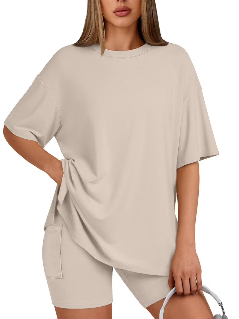 SUNBS Two Piece Lounge Set for Women Outfit Sets Casual Oversized Shirts Biker Shorts Matching Se... | Walmart (US)