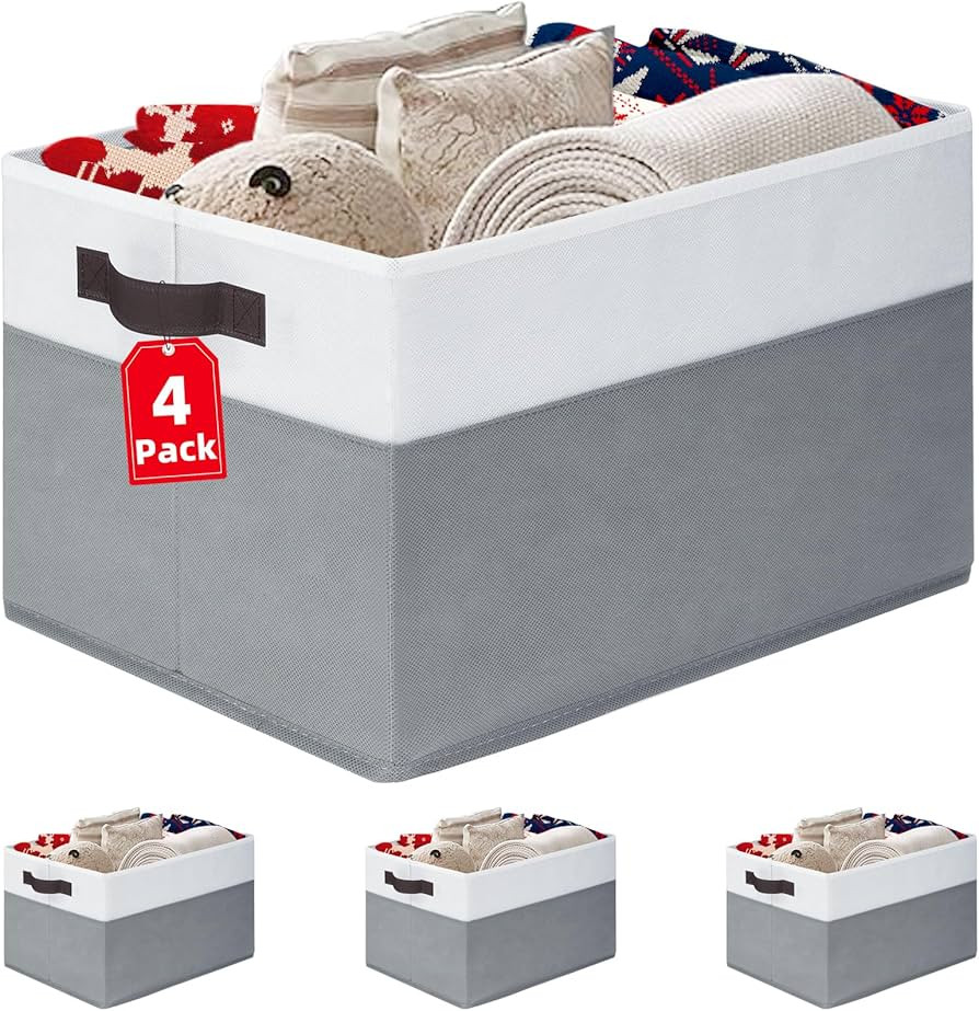 4 Pack Large Storage Baskets for Shelves | Fabric Closet Organizers and Storage Bins with Handles... | Amazon (US)
