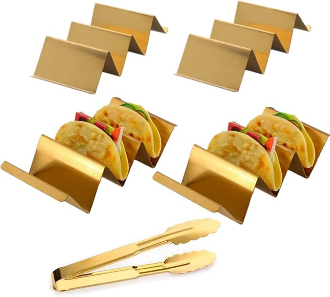 4 Pcs Gold Taco Holders Set with 1 Food Tong, Stainless Steel Taco Stand with Handles for Party, ... | Amazon (US)