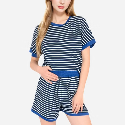 Anna-Kaci Lounge Women's Striped Lounge Set with Cuffed Short Sleeve Top and Elastic Waist Shorts - Small, Navy | Target