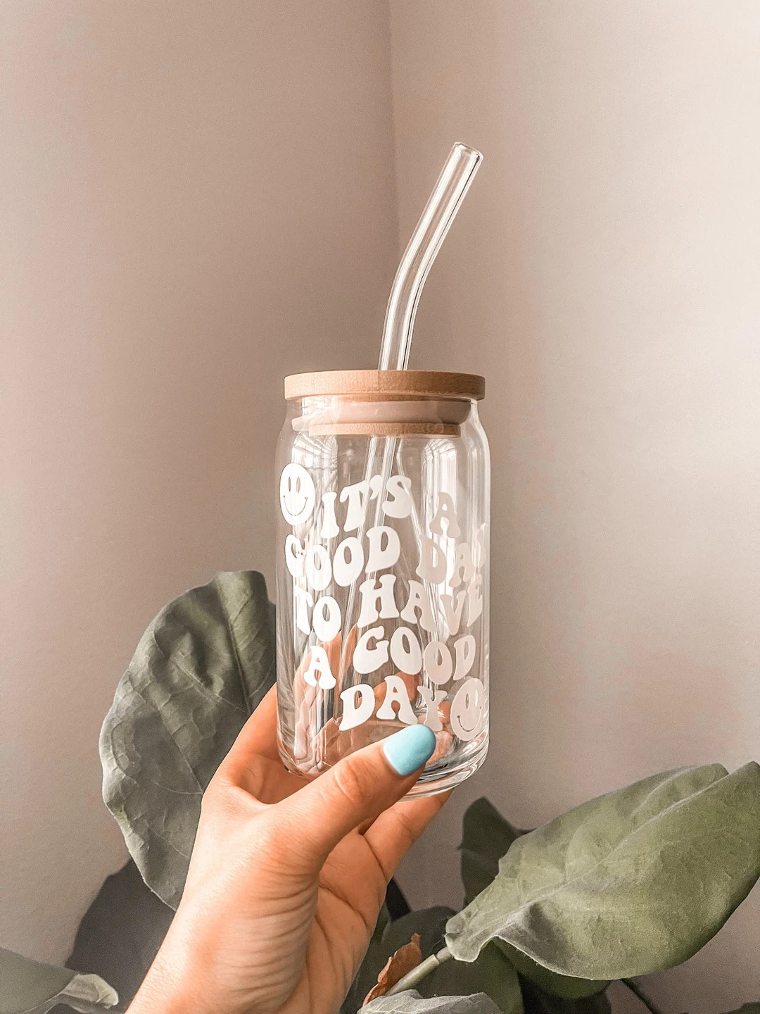 good day glass can // iced coffee glass cup // aesthetic glass cup // beer glass can // glass coffee | Etsy (US)