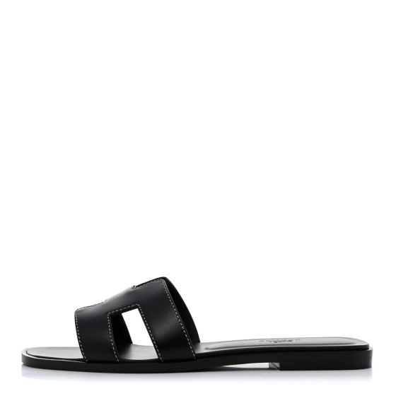 HERMES Box Calfskin Oran Sandals 37.5 Black | FASHIONPHILE (US)
