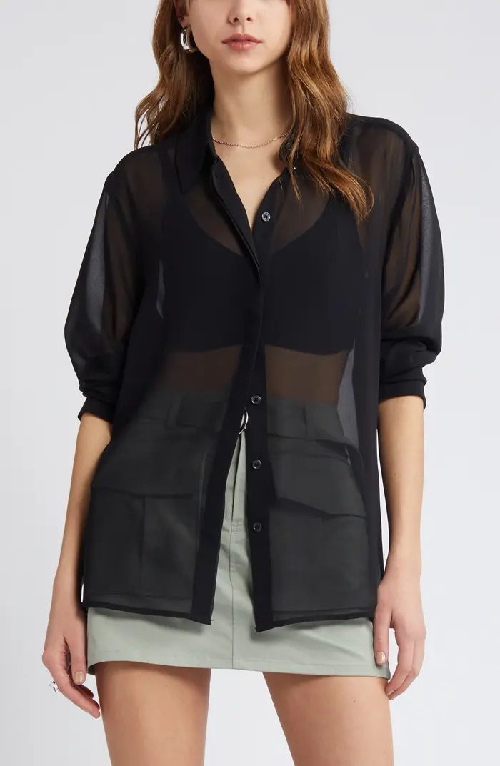 Open Edit Oversize Semisheer Button-Up Shirt | Nordstrom | Black Shirt | Work Outfit | Nordstrom