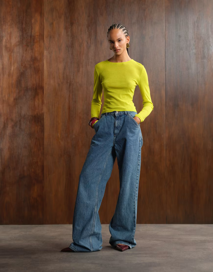 ASOS DESIGN semi sheer long sleeve top in apple green | ASOS (Global)