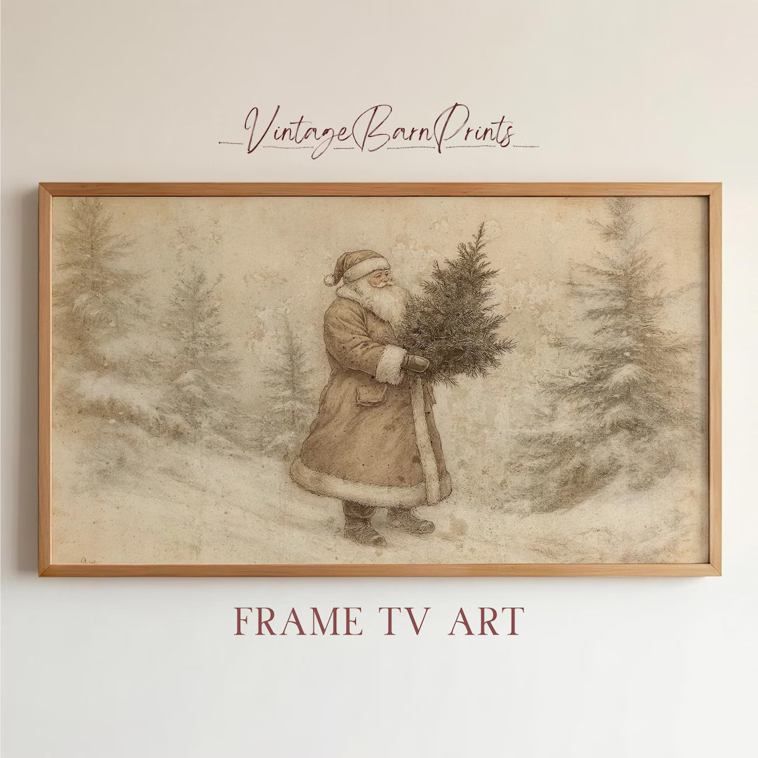 Vintage Santa Claus Drawing Frame TV Art, Rustic Christmas Holiday Decor, Festive Winter Scene Sc... | Etsy (US)