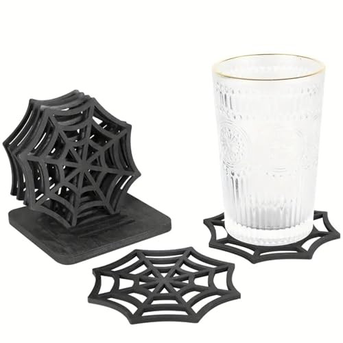 Halloween Drink Coasters Set, 6 Pcs Spider Web Coasters, 4 inch Black Coaster Cup Mat Pad, with Coasters Holder, for Home, Kitchen, Office Decor (Black) | Amazon (US)