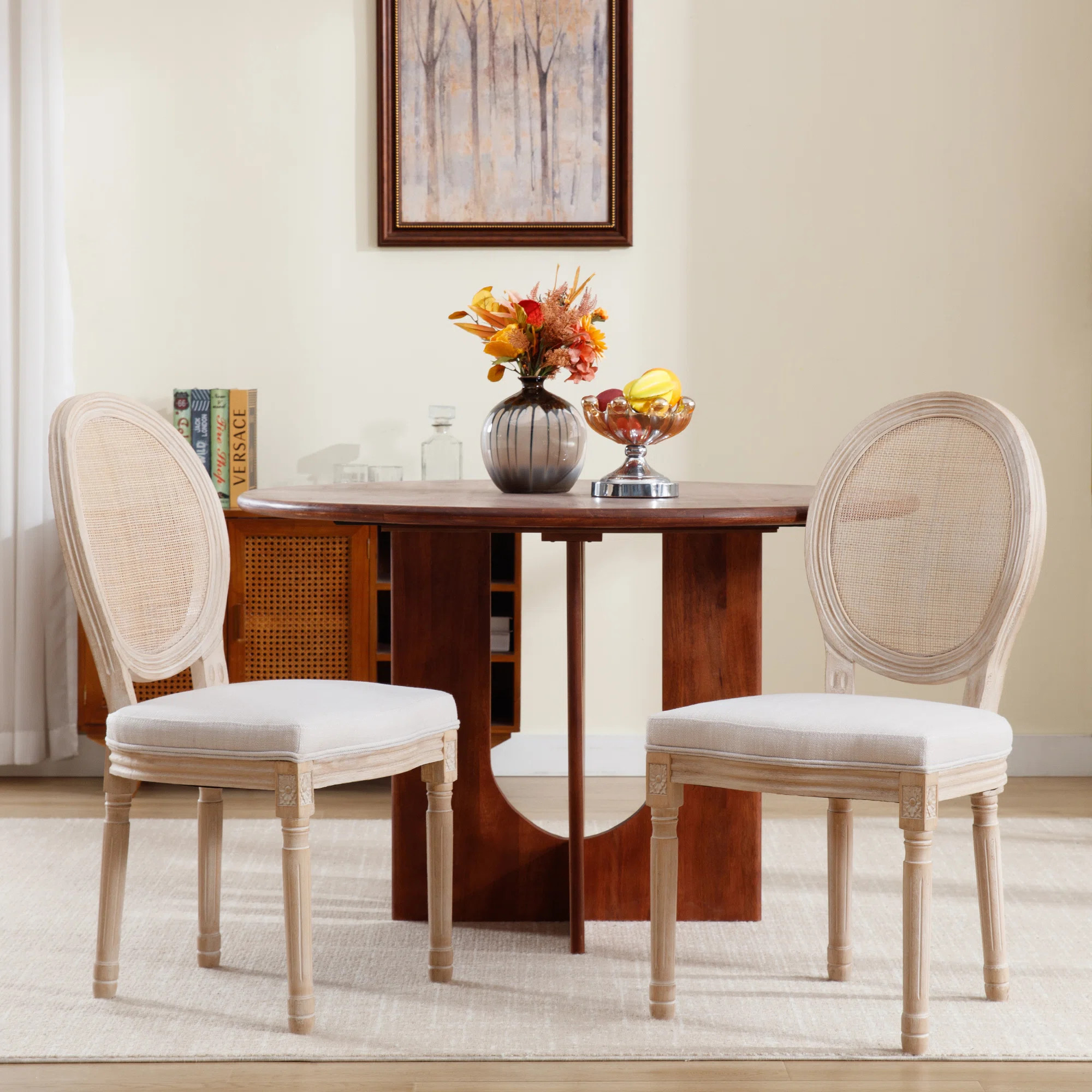 Rattan Back Upholstered Seat Dining Chair, King Louis Back Side Chair, Mid Century Solid Wood Din... | Wayfair North America