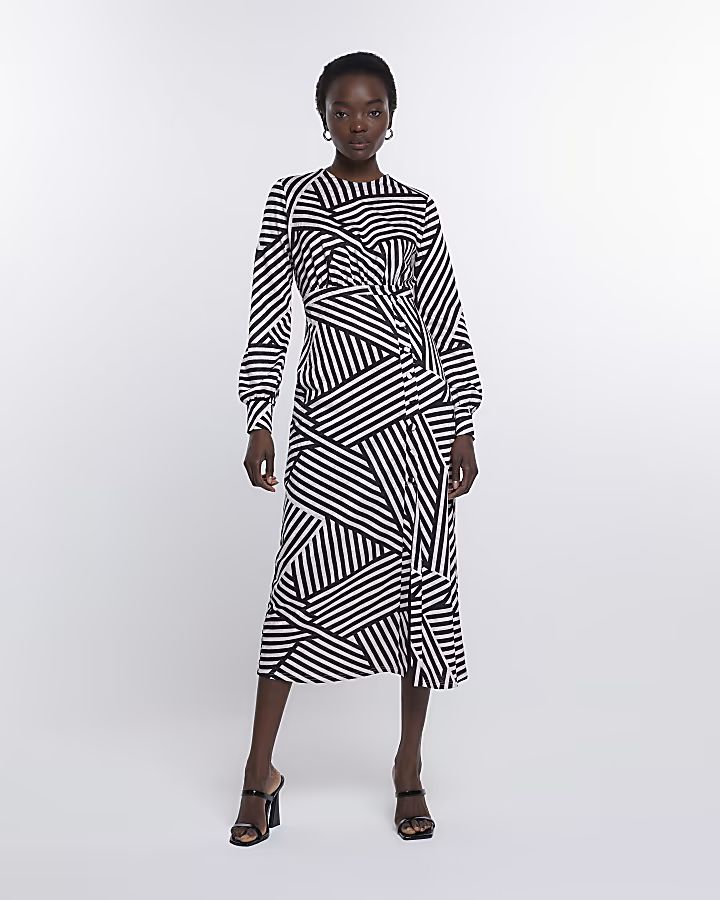 Black stripe long sleeve midi dress | River Island (UK & IE)