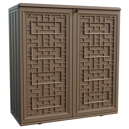 Mrosaa Indoor Outdoor Storage Cabinet Waterproof with 1 Shelf, Plastic Outdoor Storage Cabinets for Patio/Garden/Backyard, Size 34.3''L*15''W*36.2''H(Brown) | Amazon (US)