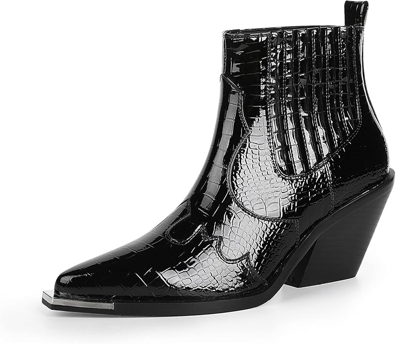 WETKISS Women's Chelsea Western Ankle Boots, Crocodile Short Cowboy Cowgirl boots Pointed Toe Blo... | Amazon (US)