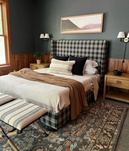 Cabin bedroom sources. Cozy cabin decor, plaid bed, cozy throws, rustic decor, bedroom stools, wood nightstands, bedroom sconces 

#LTKtravel #LTKhome #LTKstyletip