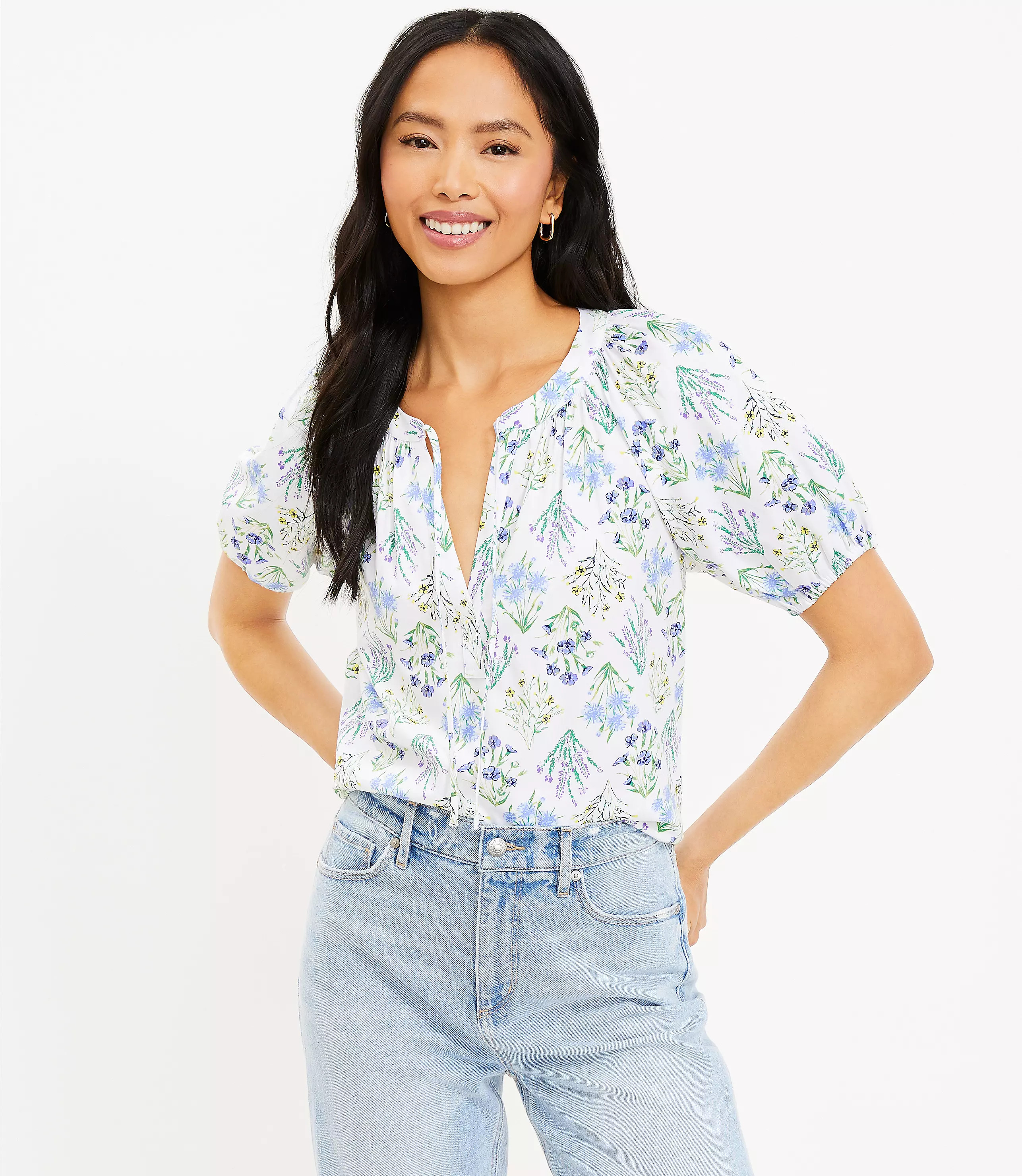 Bouquet Tie Neck Puff Sleeve Top | LOFT