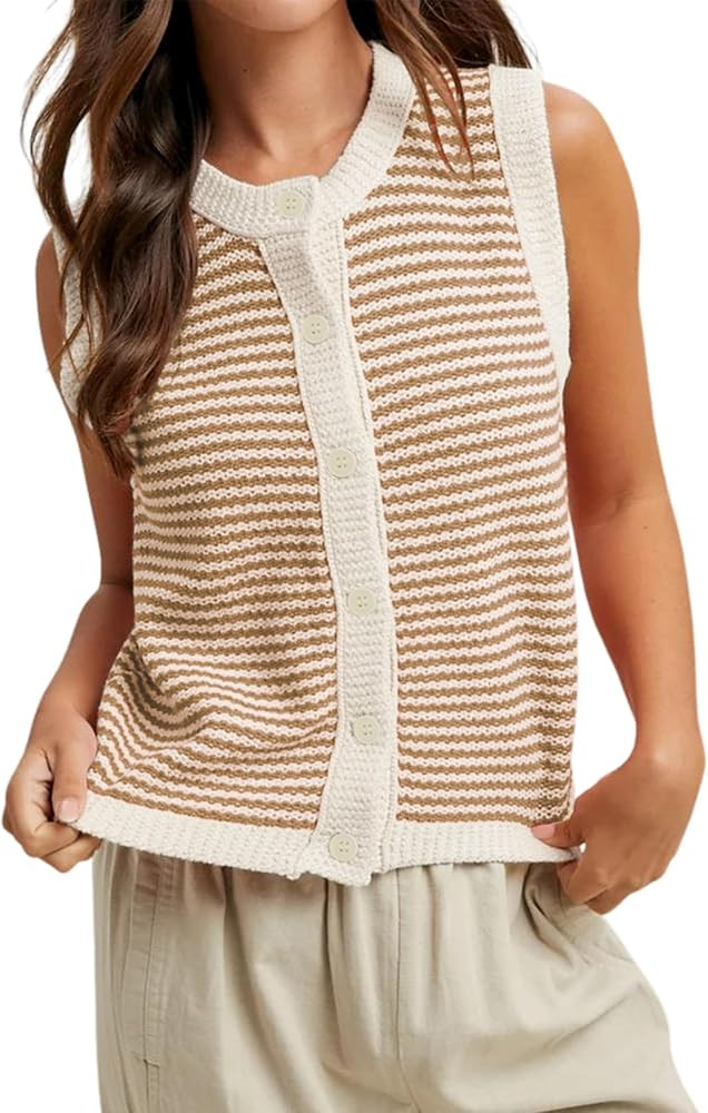 Himosyber Women's Sweater Vest Striped Sleeveless Cardigans Button Down Crew Neck Summer Casual K... | Amazon (US)