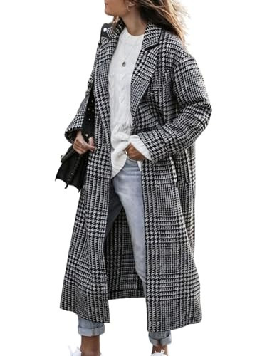 utcoco Women's Houndstooth Long Wool Coat Lapel Collar Button Down Loose Casual Winter Plaid Outerwear (X-Large, Grey) | Amazon (US)