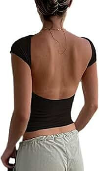 Women Backless T-Shirt Y2k Short Sleeve Crew Neck Crop Tee Top Open Back Slim Fit Blouse Tops | Amazon (US)