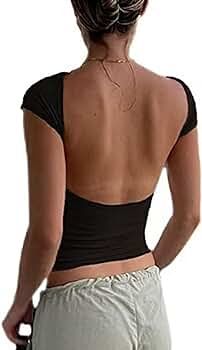 Women Backless T-Shirt Y2k Short Sleeve Crew Neck Crop Tee Top Open Back Slim Fit Blouse Tops | Amazon (US)