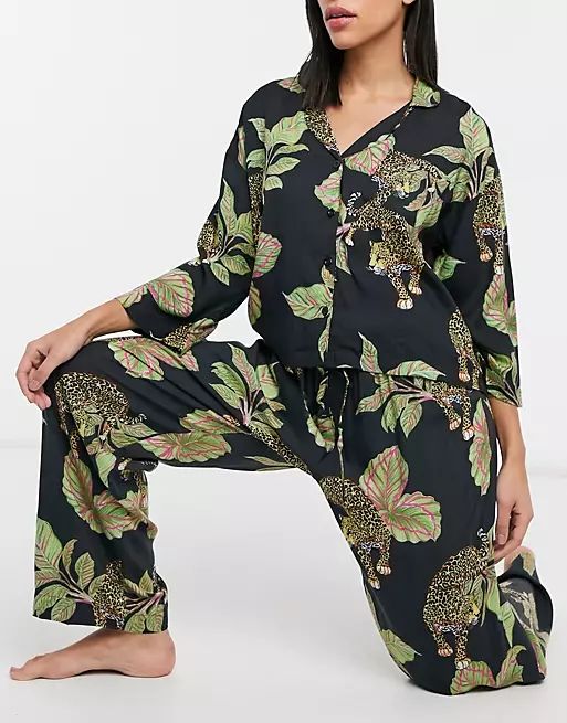 ASOS DESIGN modal botanical tiger long sleeve shirt & pants pajama set in multi | ASOS (Global)