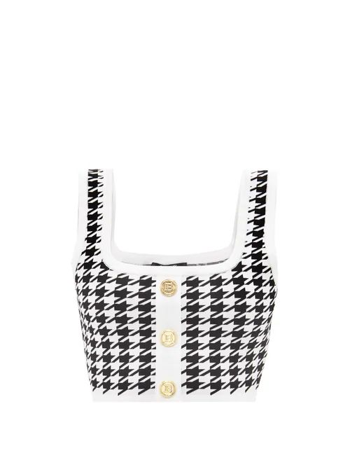 Balmain - Square-neck Houndstooth-jacquard Cropped Top - Womens - Black White | Matches (US)