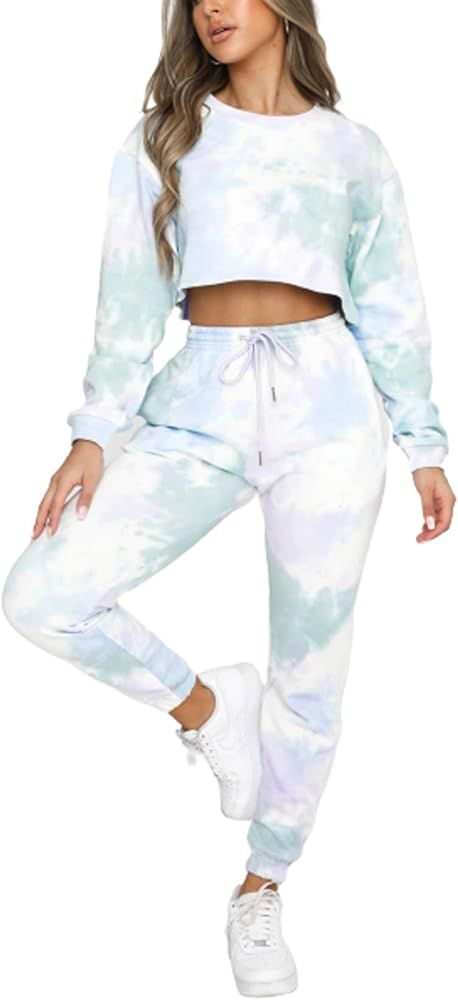 Women's 2 Piece Tracksuits Outfit Set Tie Dye Round Neck Long Sleeve Crop Top+ Trousers Casual Fa... | Amazon (US)