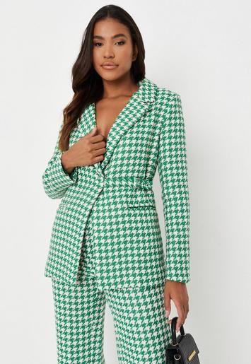 Missguided - Green Co Ord Houndstooth Boucle Tailored Blazer | Missguided (US & CA)