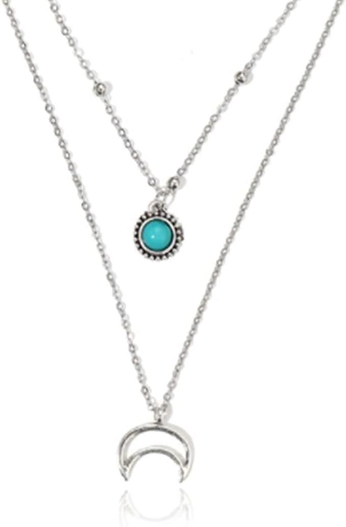 Chennie Boho Layered Necklaces Silver Turquoise Moon Pendant Necklace Chain Beaded Jewelry for Wo... | Amazon (US)