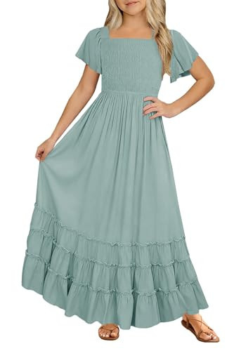 HOSIKA Girls Flowy Dress Boho Pleated Ruffle Casual Swing Long Maxi Dresses | Amazon (US)