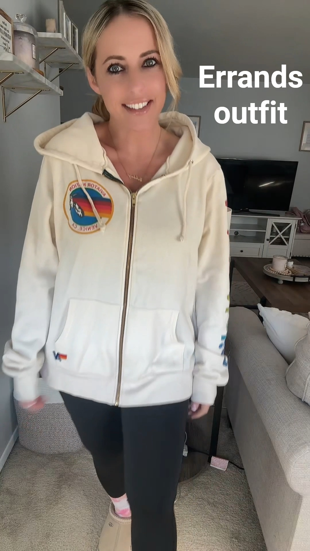 Errands outfit. Leggings outfit. Ugg slippers. Aviator nation. 

#LTKWatchNow #LTKFindsUnder100 #LTKShoeCrush