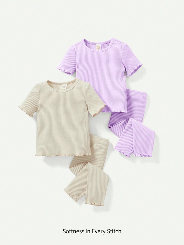 Cozy Cub Baby Girl Solid Color Round Neck Scalloped Short Sleeve Top And Long Pants Four-Piece Se... | SHEIN