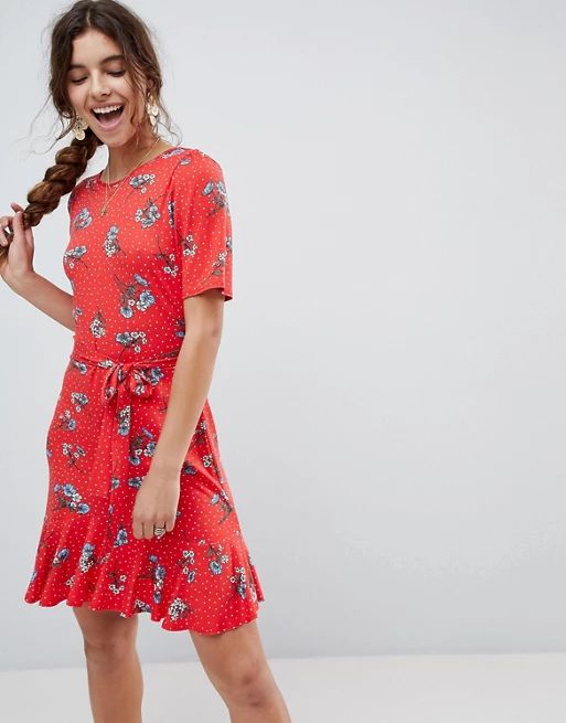 ASOS Tea Dress with V Back and Frill Hem in Red Floral Print | ASOS US
