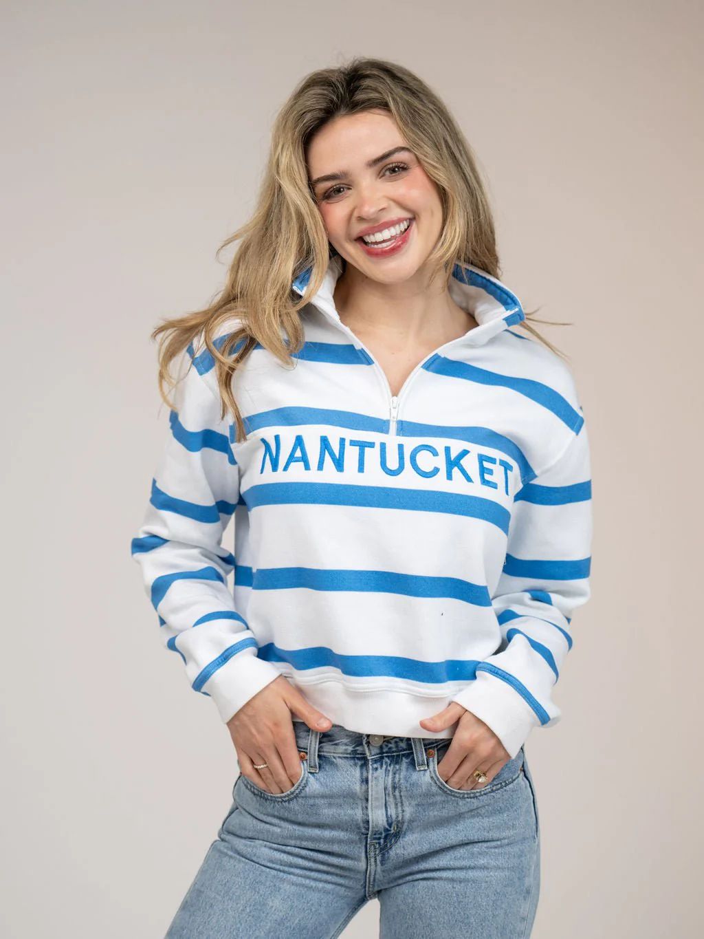 Nantucket Half Zip in Blue Stripes | Beau & Ro