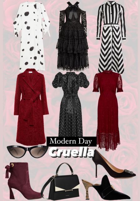 And edit inspired by Cruella deVil in black white and maroon wine red tones. A selection of elegant dresses fitted for the workplace or evening events. 

#LTKeurope #LTKstyletip #LTKunder100