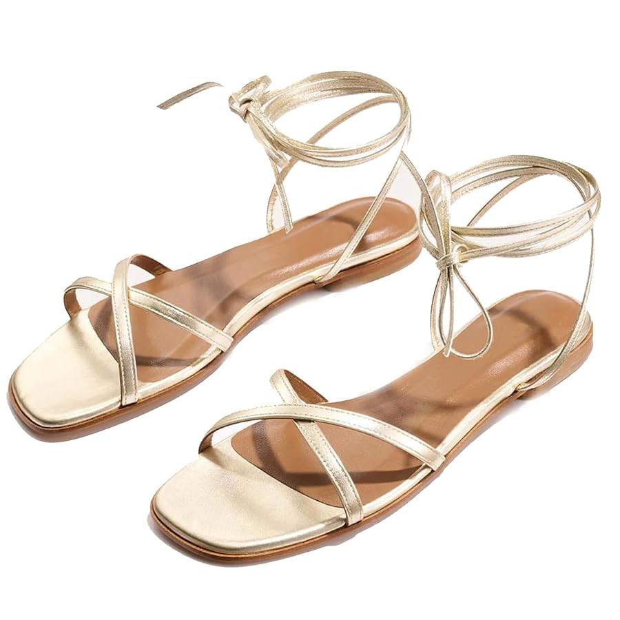 Strappy Flats Sandals for Women Comfortable Square Toe Lace Up Slides Beach Gladiator Wrap Sandal... | Amazon (US)