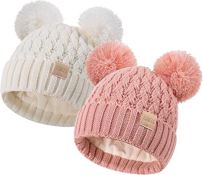 Toddler Winter Beanie Hat, Infant Winter Warm Knit Fleece Lined Cap for Girls Boys with Pom Pom f... | Amazon (US)