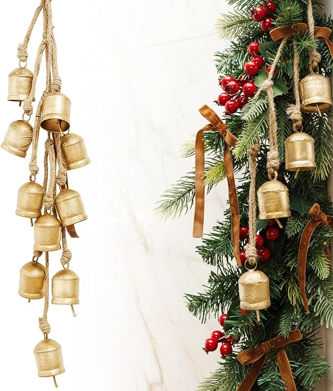 Rustic Golden Christmas Bell Ornaments and Velvet Bows – Beautiful Ornament Set of 10 Adds Eleg... | Amazon (US)
